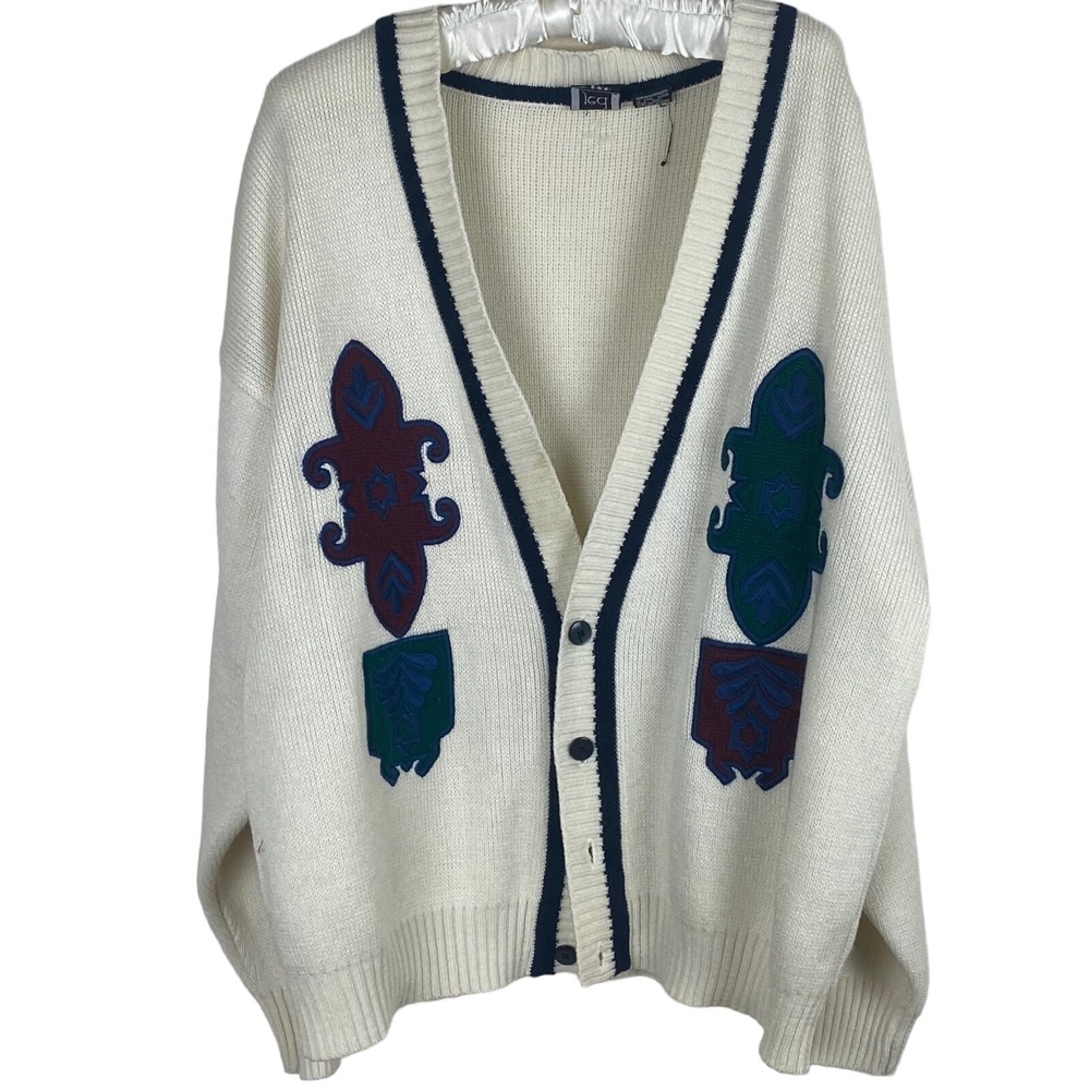 Vintage Jed Wear Mens Cardigan Sweater Cream White Abstract Graphic Patch Size M